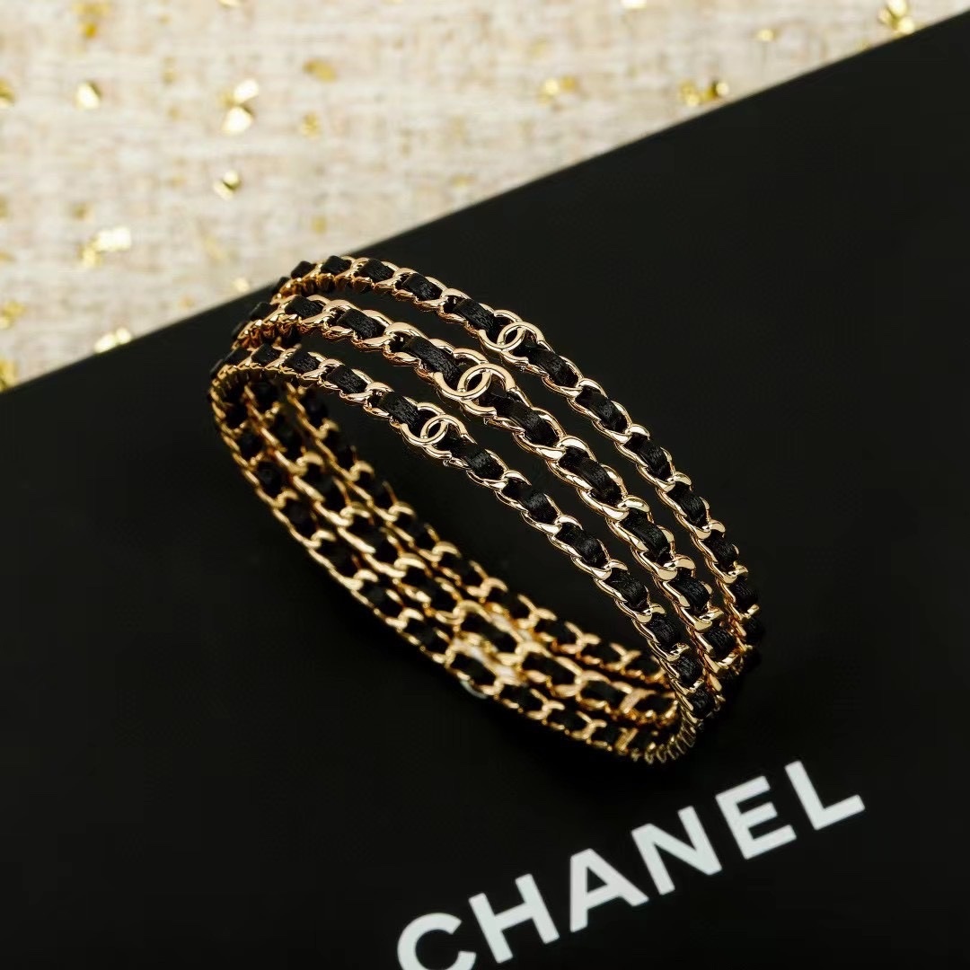 18k”香奶奶26p黑皮革穿鍊三件組手鐲/高奢定製款