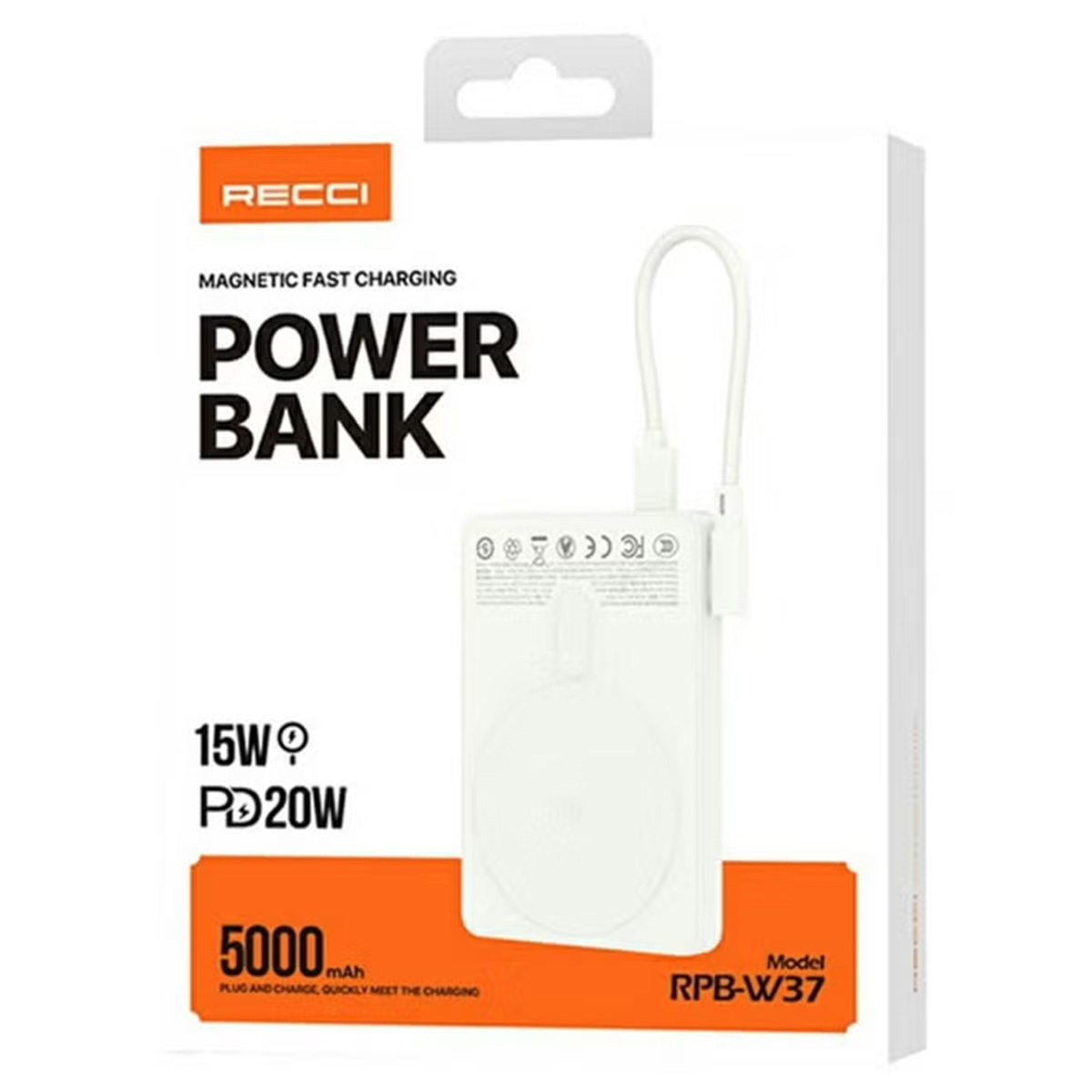 Recci 5000mAh PD 20W 2合1 USB C 帶線磁吸移動電源 RPB-W37