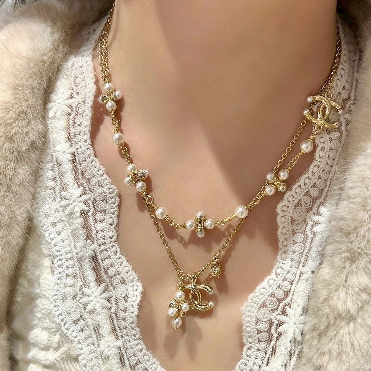 18k”香奶奶26p金鈴珠/金幣雙c珍珠小葡萄串”高奢定製項鍊