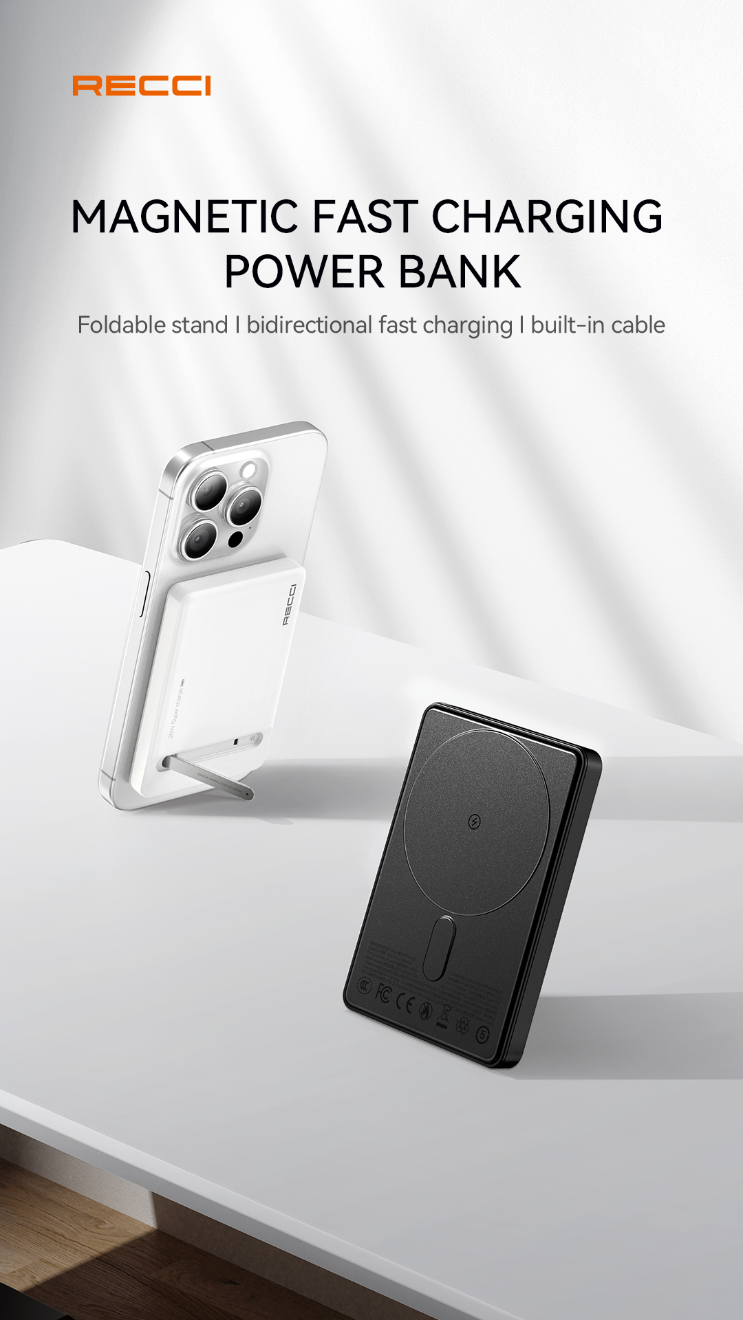 Recci 10000mAh PD 20W 2-in-1 USB-C Magnetic Power Bank with Cable RPB-W38