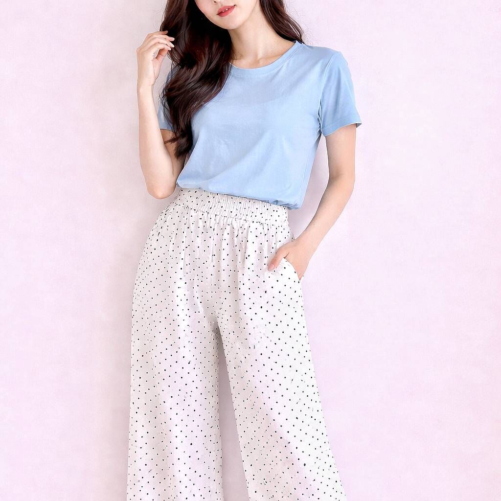 A7100-點點鬆緊棉麻長褲