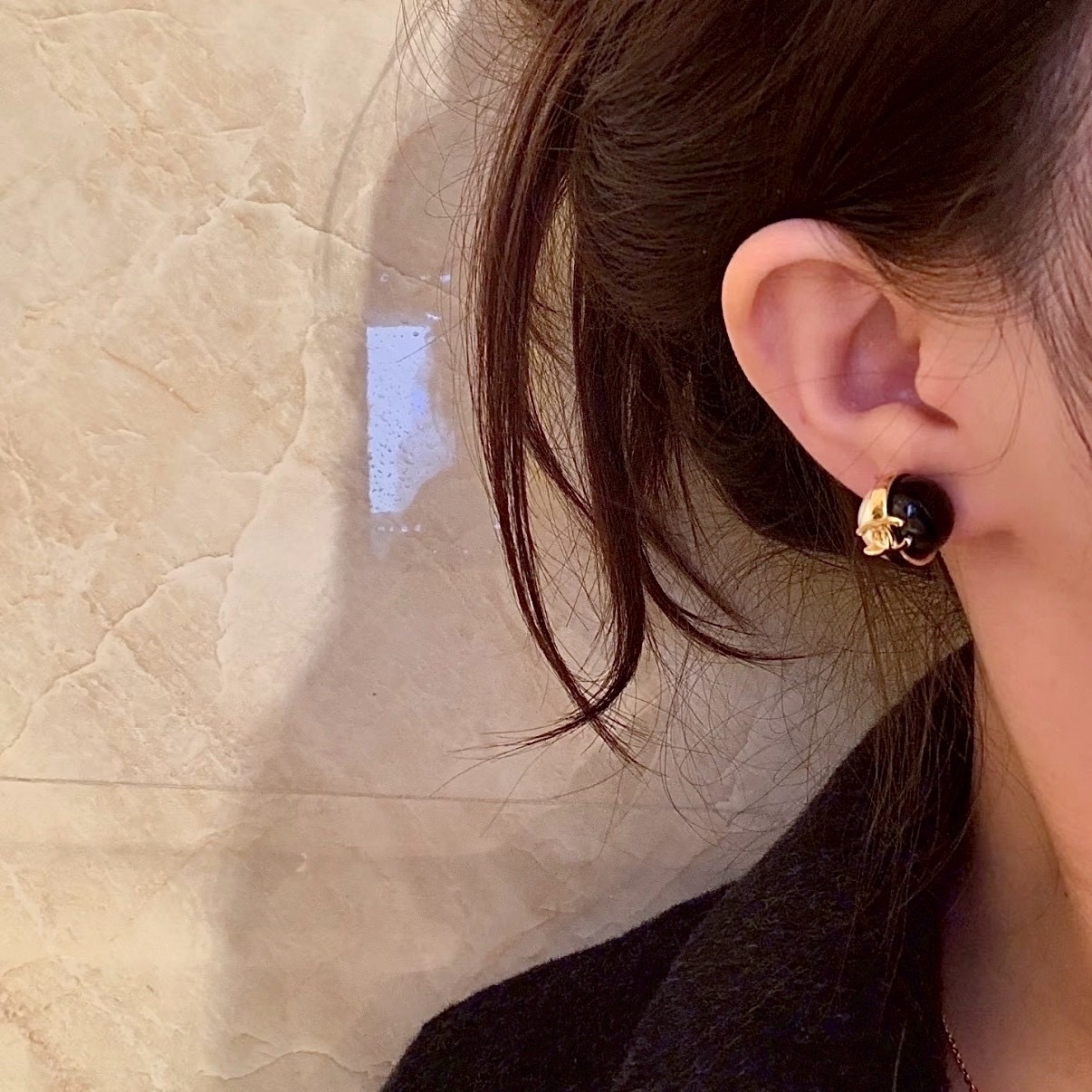 18k”香奶奶26p黑白琺瑯小金珍珠球’高奢定製耳釘/耳墜