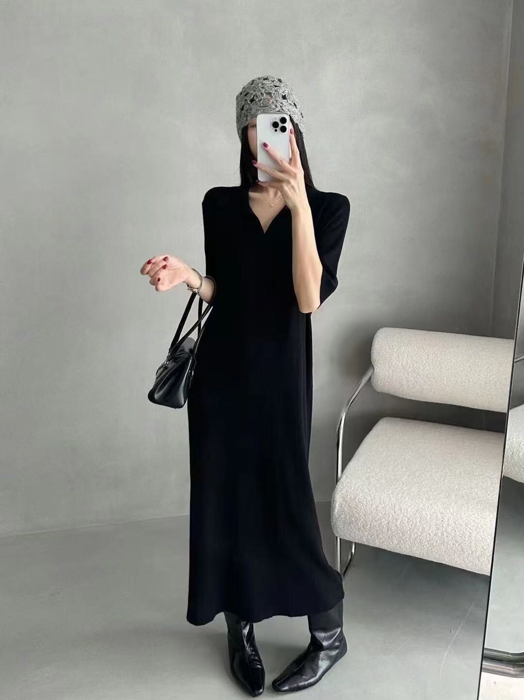 0318翻領小V顯瘦針織長洋