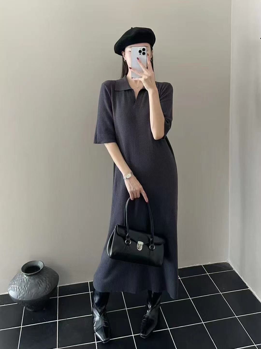 0318翻領小V顯瘦針織長洋