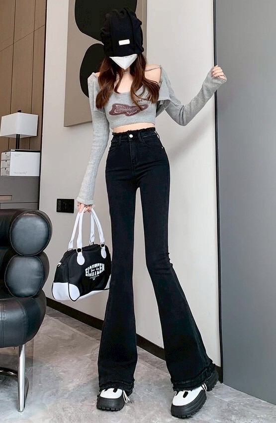 鬚鬚牛仔喇叭褲 8049淺藍 8051黑