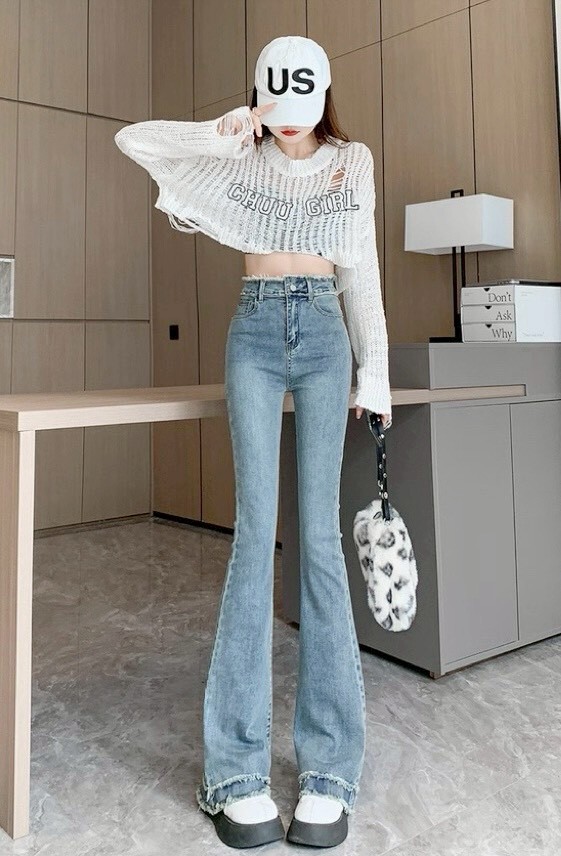 鬚鬚牛仔喇叭褲 8049淺藍 8051黑