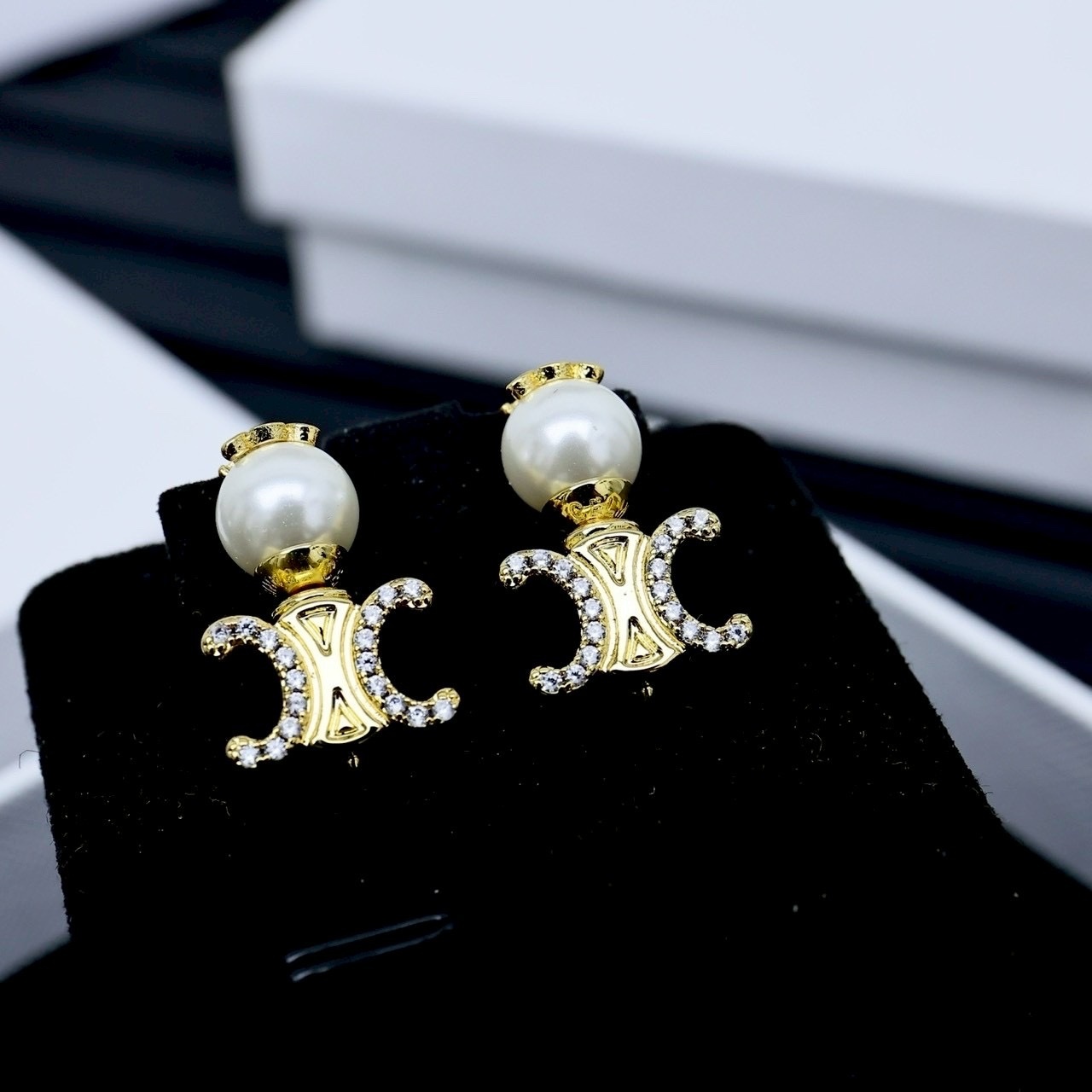 18k”金鑽立體凱旋門夢幻珍珠系/高奢定製後釦耳釘