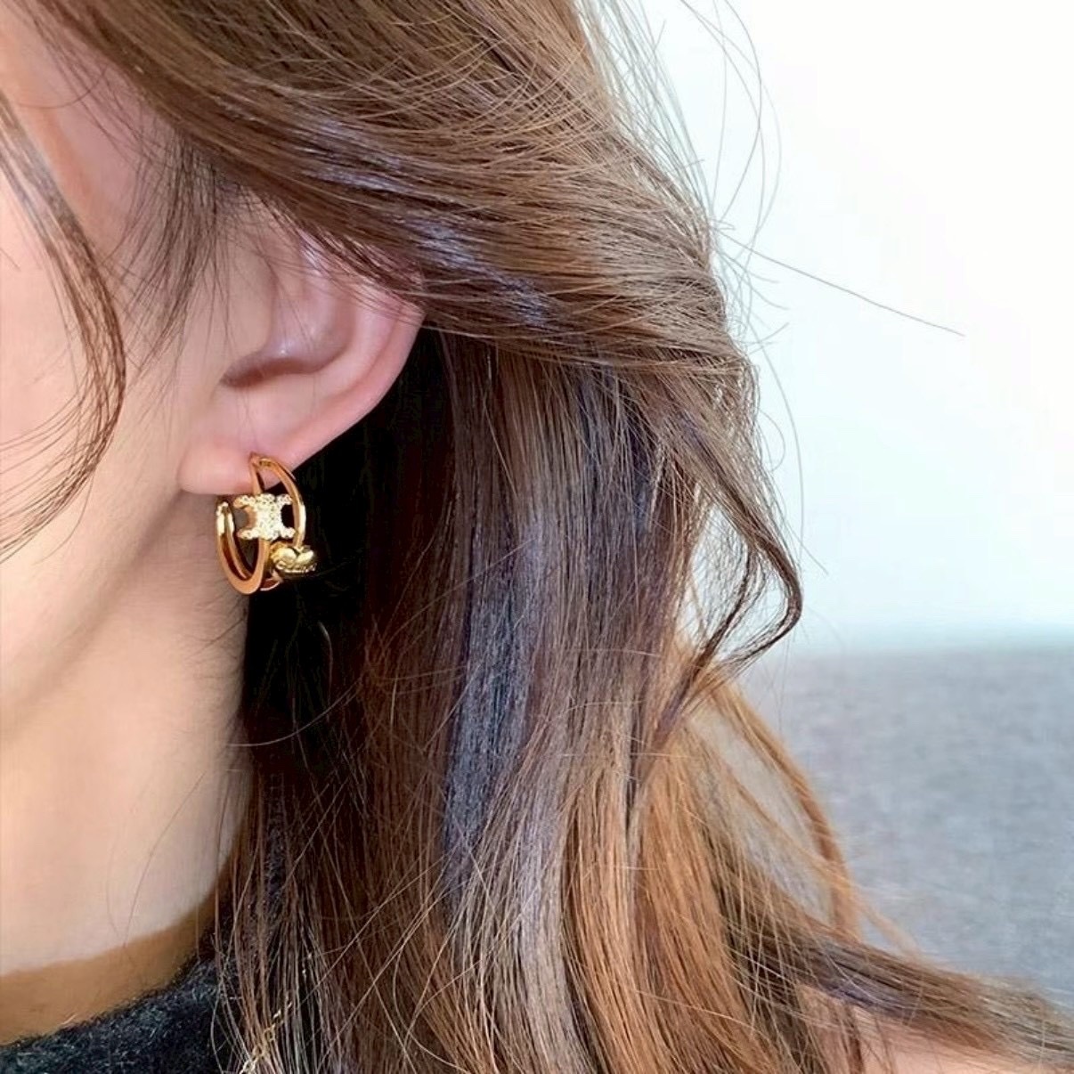 18k”ce金鑽凱旋門愛心雙圈高奢定製耳釘