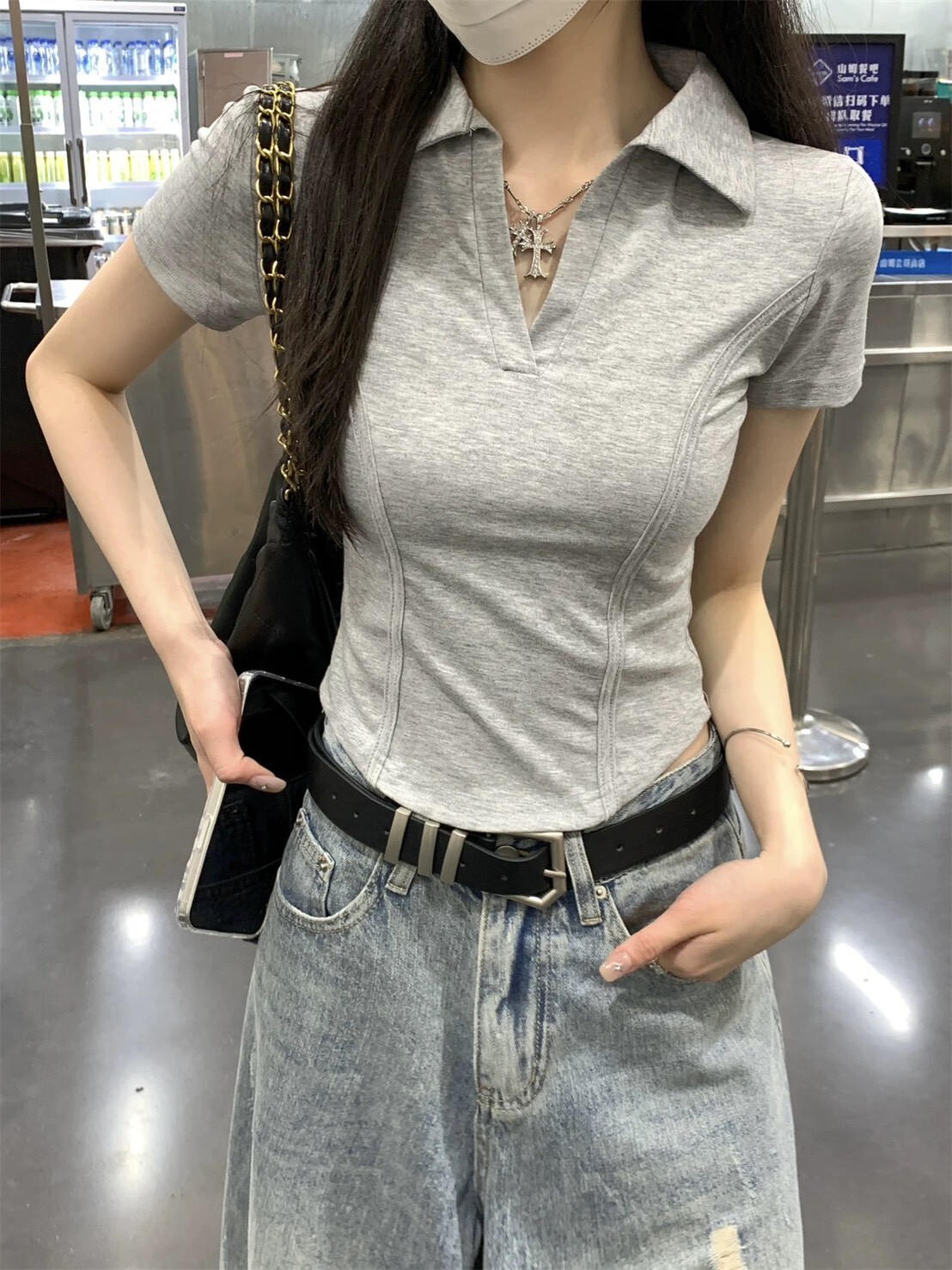 V字翻領魚骨線修身棉質上衣