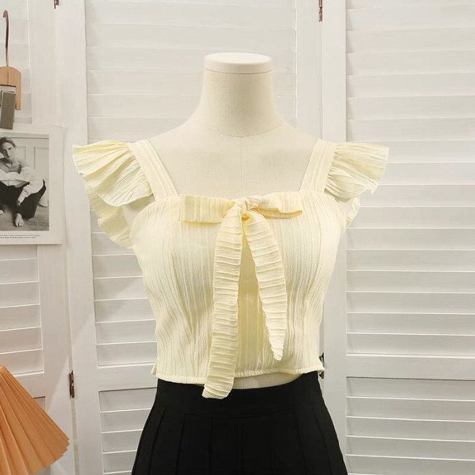 小飛袖木耳邊背心女夏短款露臍蝴蝶結吊帶