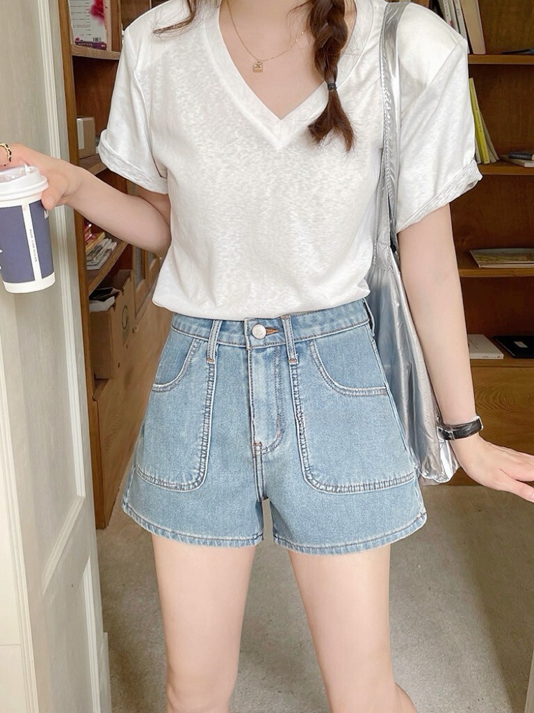 方口袋造型牛仔短褲 074藍 076黑