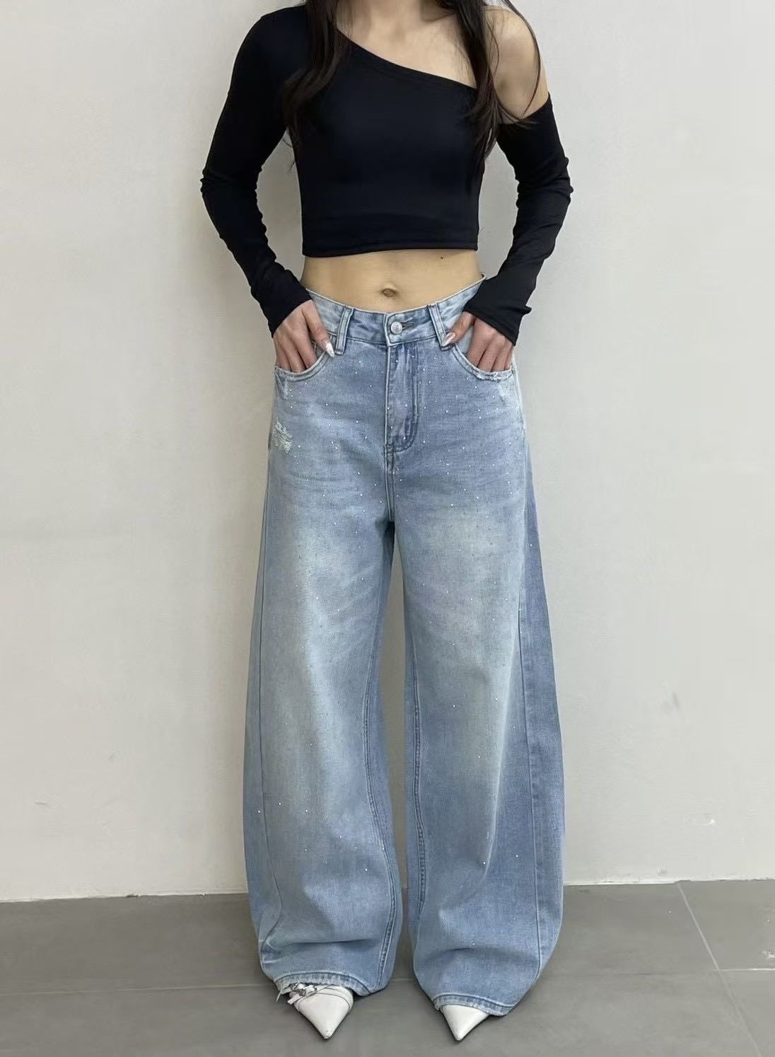 768 閃鑽微磨破設計牛仔褲