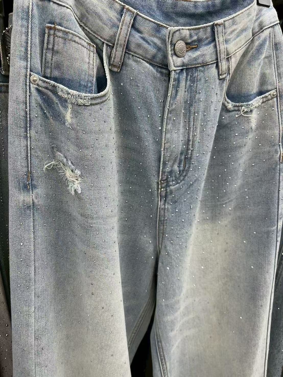 768 閃鑽微磨破設計牛仔褲