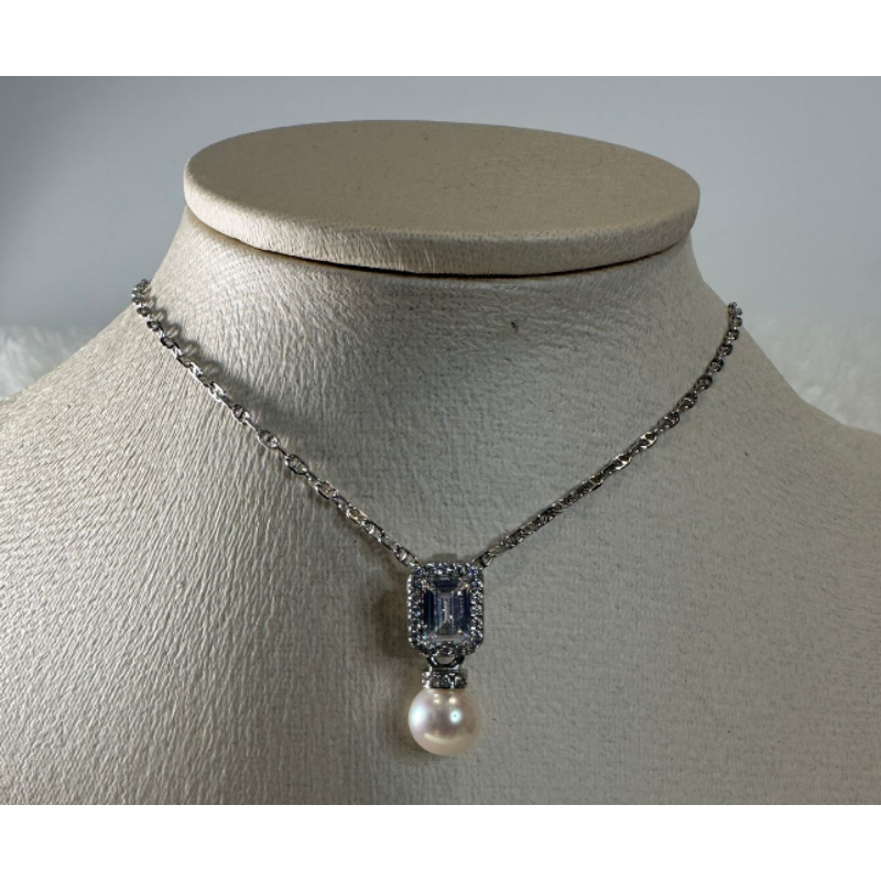 HKAG0404-018 日本AKOYA 海水珍珠頸鏈 方糖鑽石扣頭款 (S925) (銀) 粉光 6.5MM UP (A18)