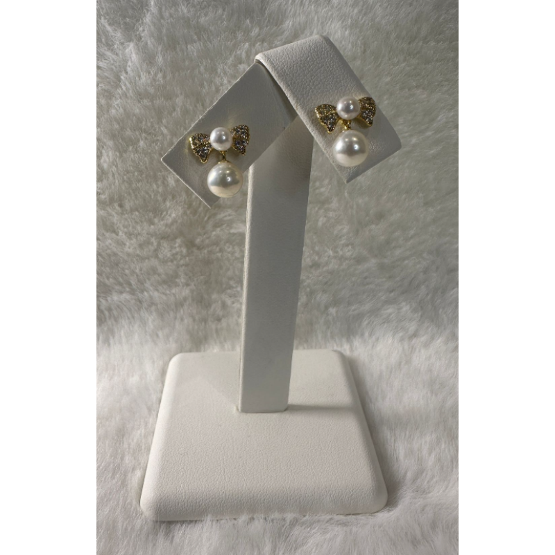 HKAG0404-015 日本AKOYA 海水珍珠耳環 金蝴蝶結碎鑽 (S925) (鍍彩金) 粉光 4MM + 6MM UP (A15)