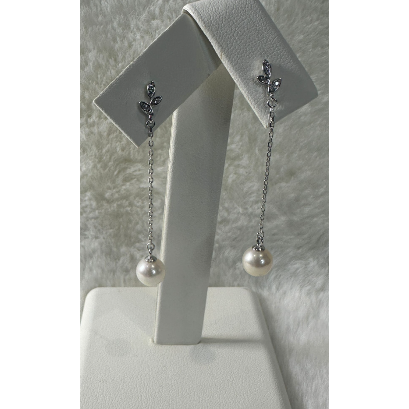 HKAG0404-017 日本AKOYA 海水少圓珍珠耳環 麥穗長款 (S925) (銀) 粉色 5MM UP (A17)