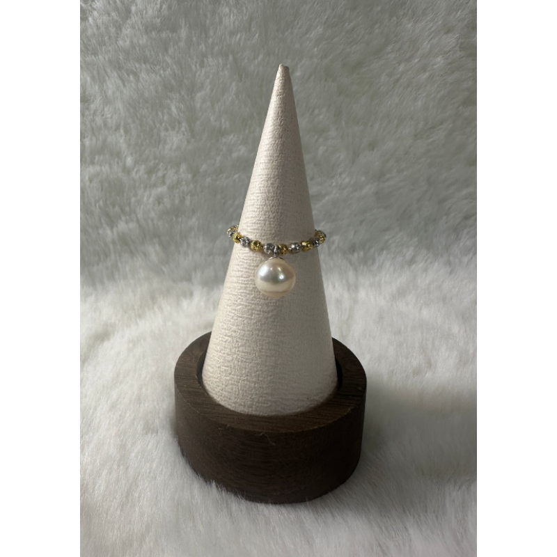 HKAG0404-021 日本AKOYA 海水珍珠 金銀鏈 (可調節鏈) 戒指 (S925) (金銀) 7MM up 粉光 (A21)