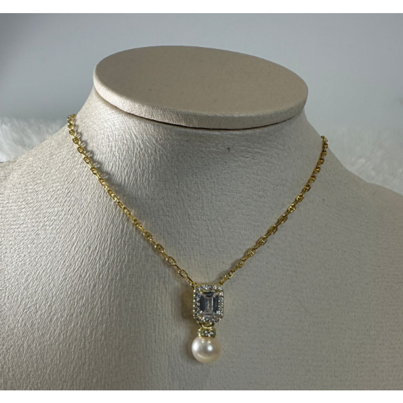 HKAG0404-019 日本AKOYA 海水珍珠頸鏈 方糖鑽石扣頭款 (S925) (金) 粉光 6.5MM UP (A19)