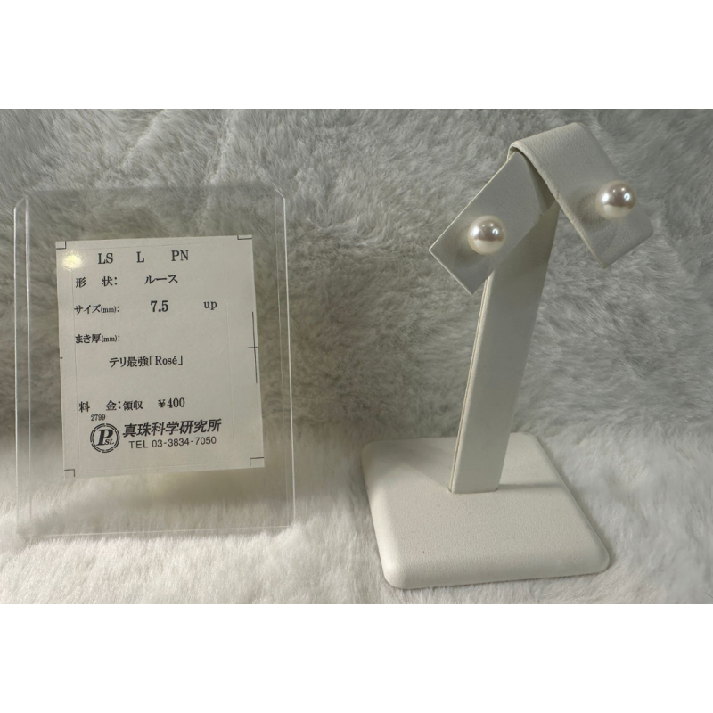 HKAG0404-005 日本AKOYA 無調色 海水珍珠耳環 (日本真科研小證) (K10) (金) 粉色 綠光 7.6MM 證書號碼 : 小證不帶號碼 (A5)