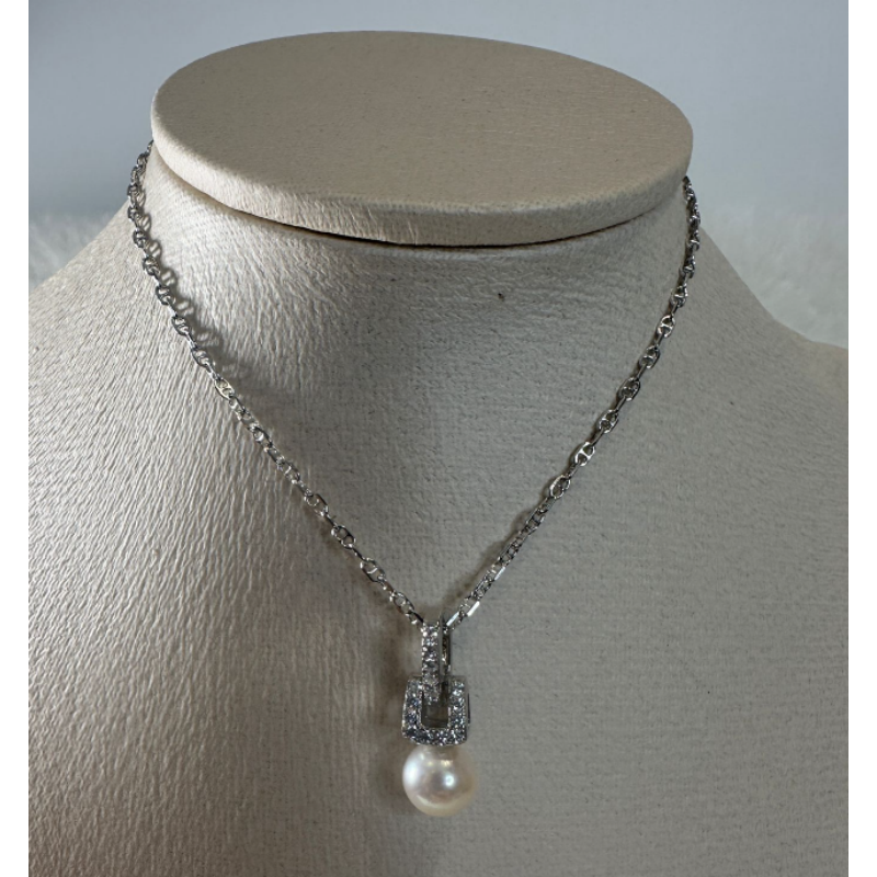 HKAG0404-020 日本AKOYA 海水珍珠頸鏈 U型鑽石扣頭款 (S925) (銀) 粉光 6.5MM UP (A20)