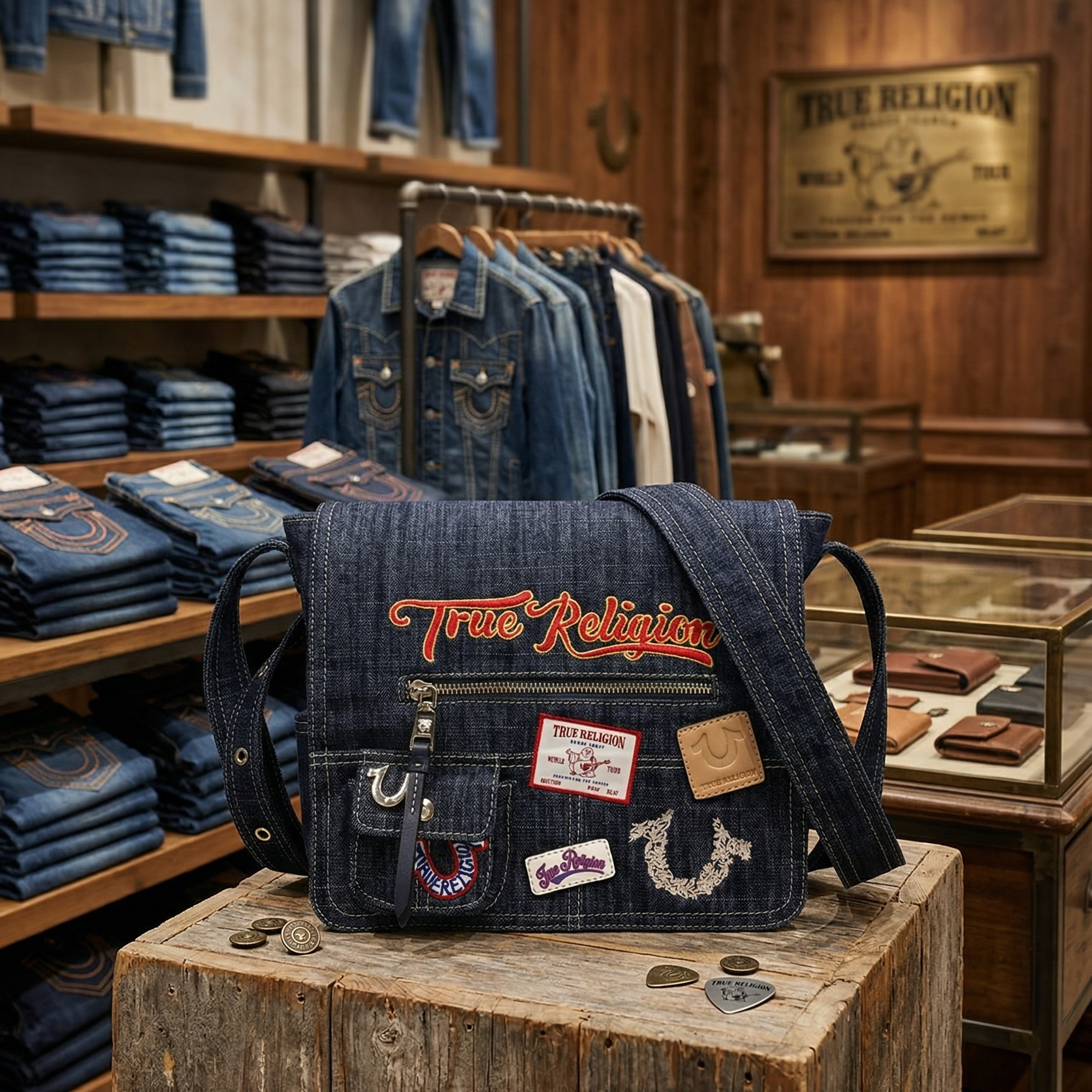 【預購】H040261 True Religion 多標誌貼布丹寧郵差包