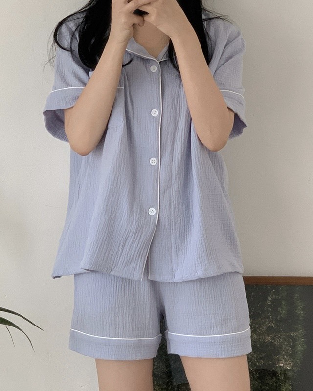 <2套免運>韓國 Juuneedu 滾邊 基礎 純棉 短袖 睡衣 套裝 六色