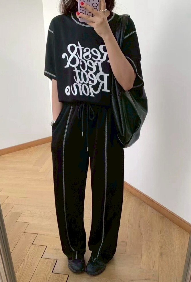 反車線字母棉質衣+反車線長褲