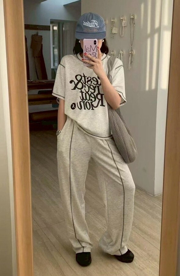 反車線字母棉質衣+反車線長褲