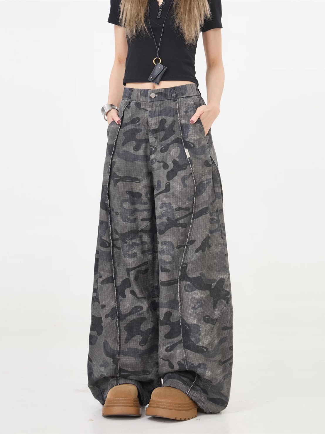 (GOAL) 車線 迷彩 闊腿彎刀褲 ERHU 25067