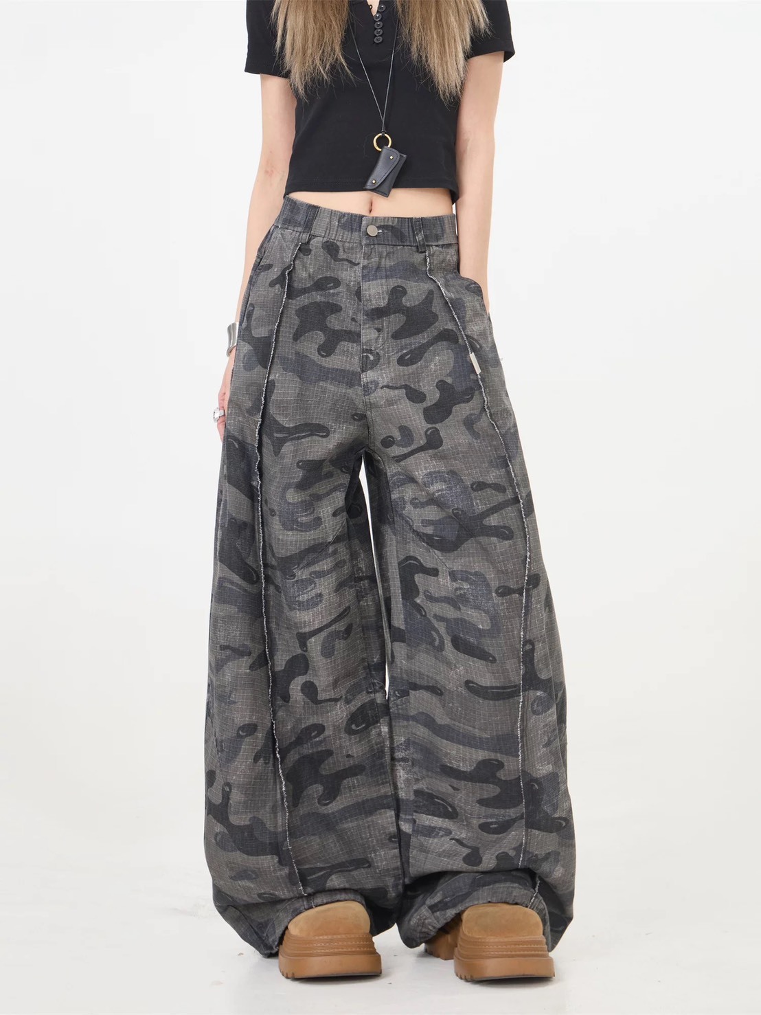 (GOAL) 車線 迷彩 闊腿彎刀褲 ERHU 25067