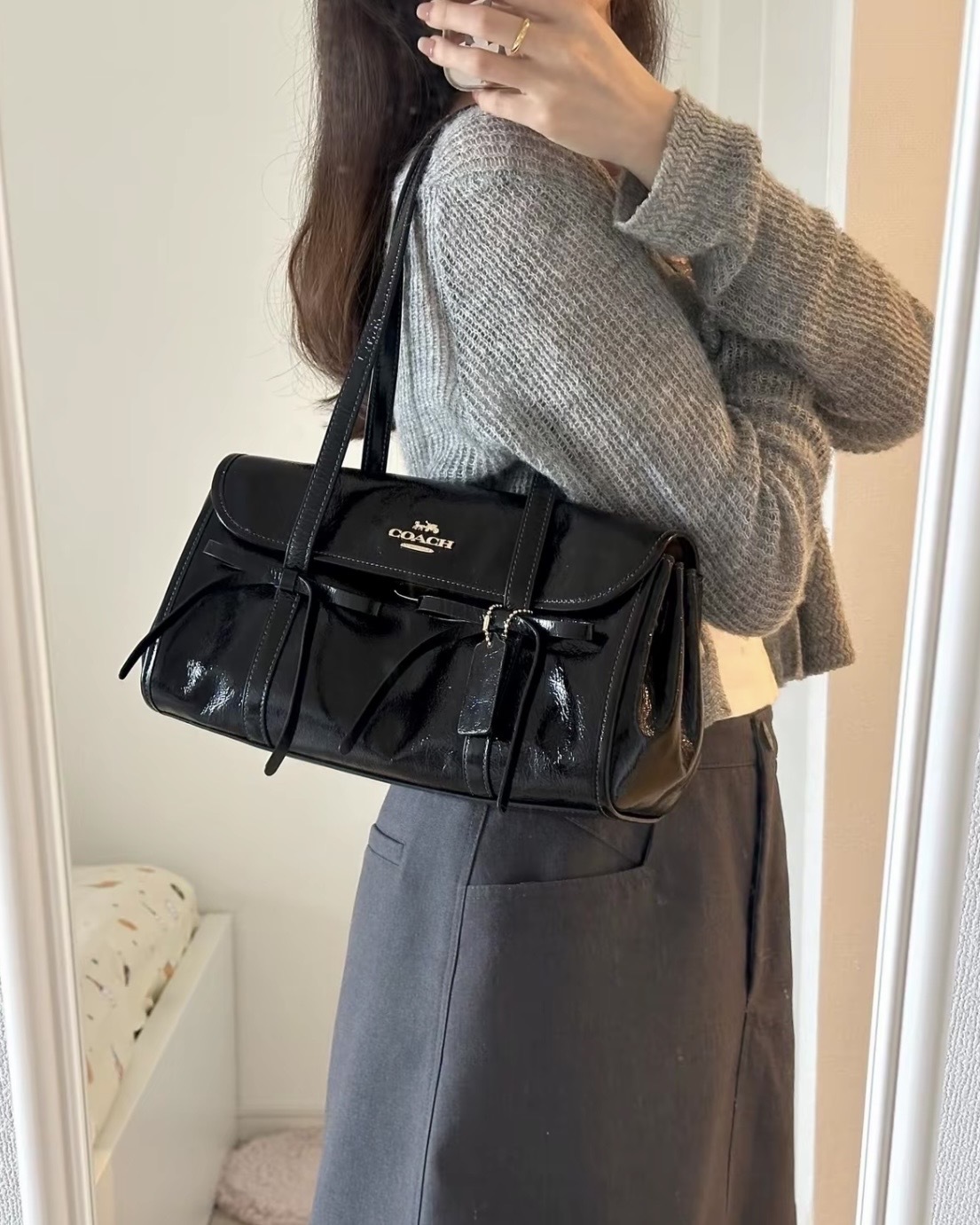 COACH BRIDGET 34 經典金標 蝴蝶結 牛皮革 法棍包