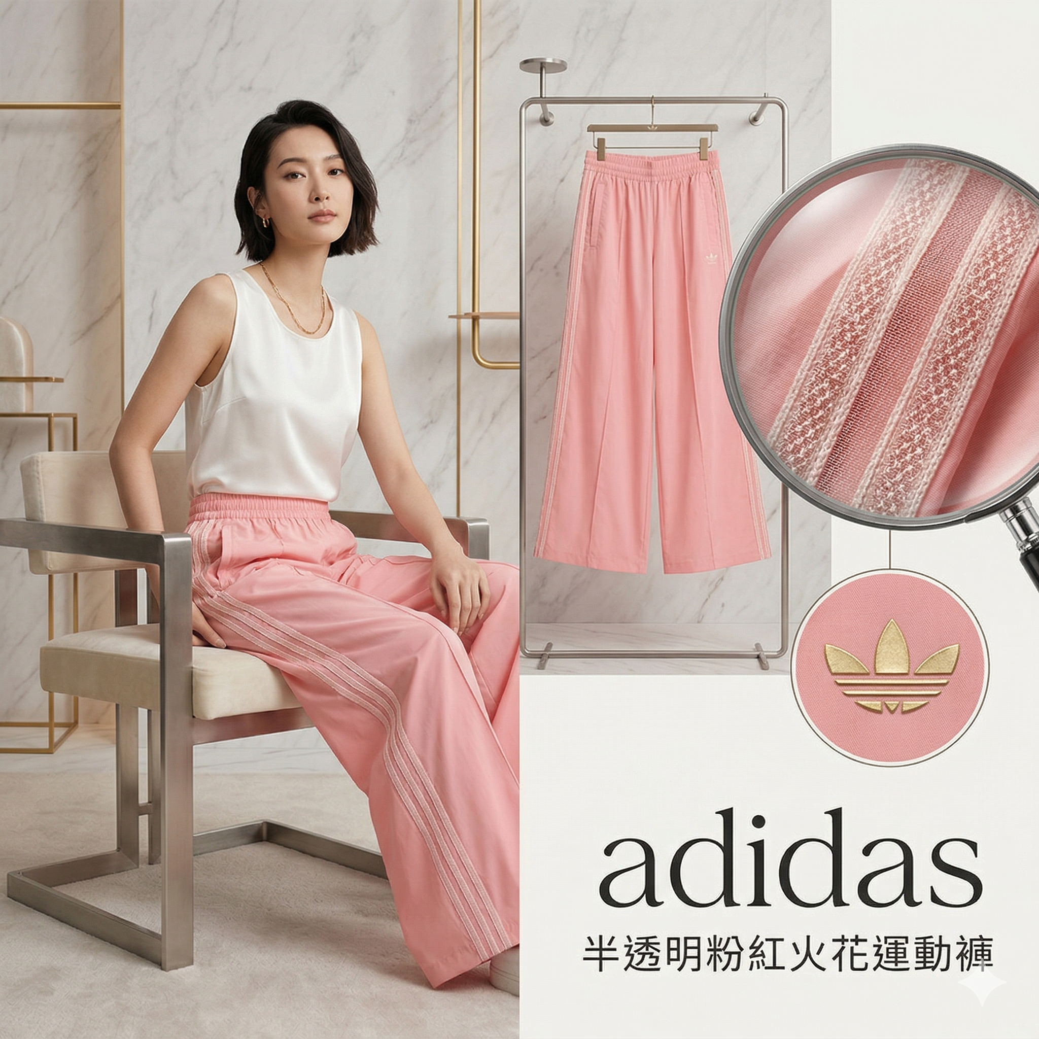 【預購】H040263 adidas  半透明粉紅火花運動褲