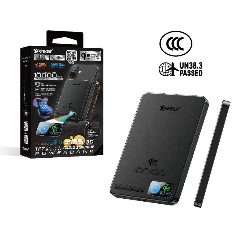 (3C可追溯二維碼) (追加新色) XPower MagFlight10 M17 半固態TFT彩屏顯示 QI2.2 25W/30W 10000mAh 磁吸行動電源