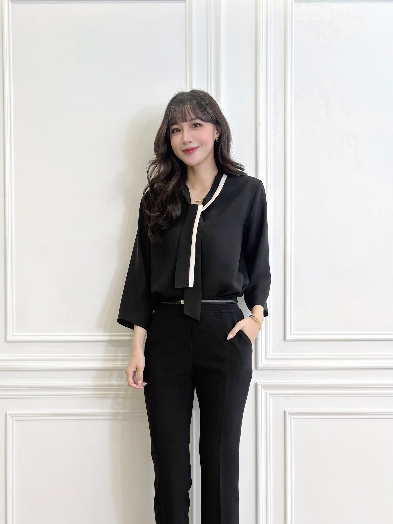 撞色領七分袖上衣