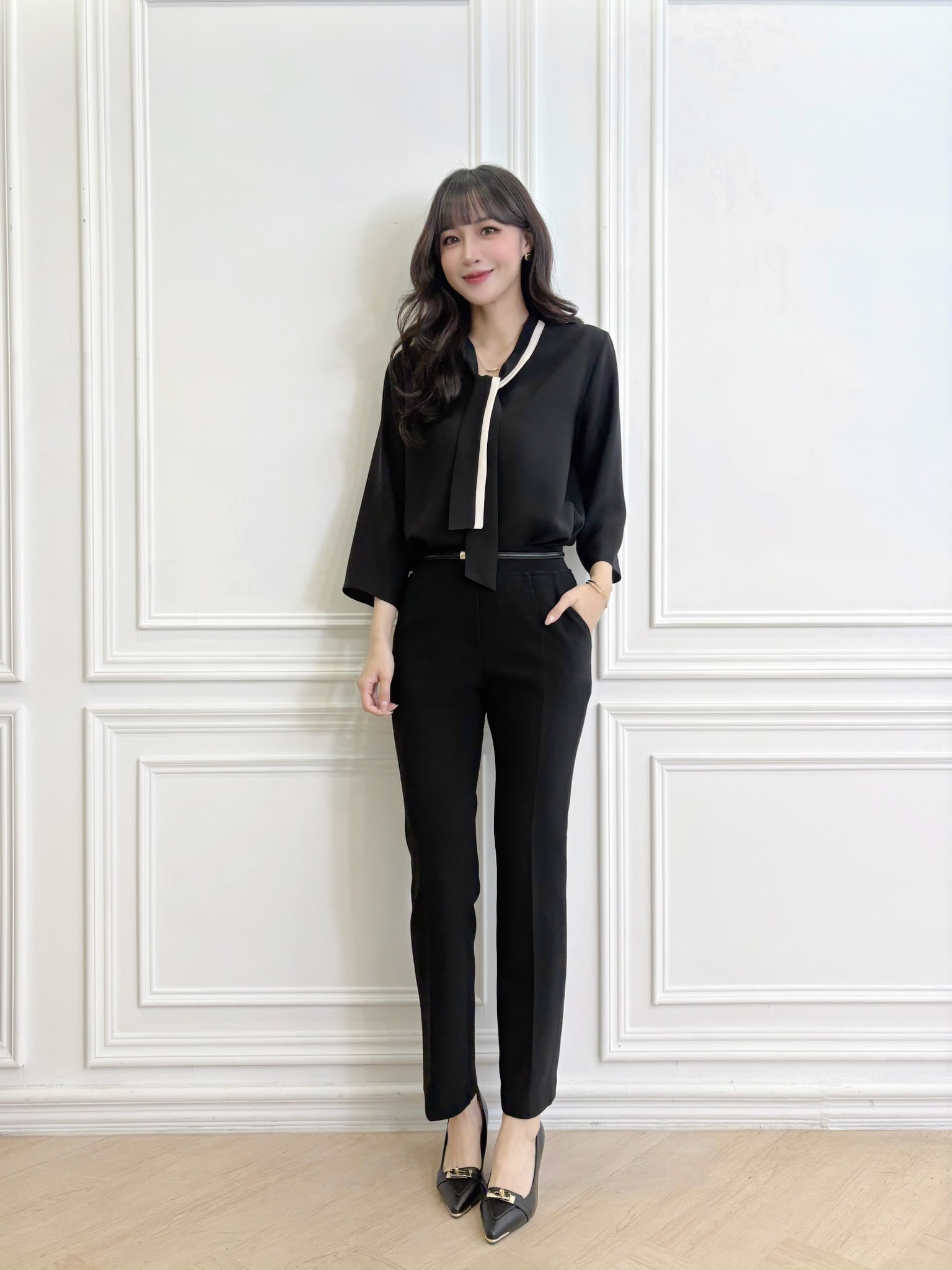 撞色領七分袖上衣