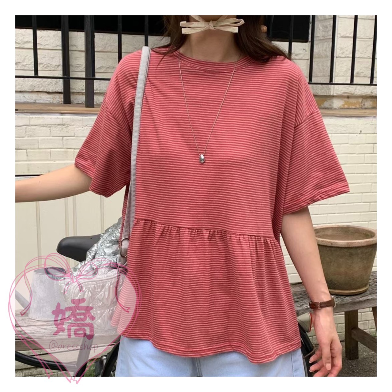 K22005細橫條蛋糕下擺踢(杏'紅)