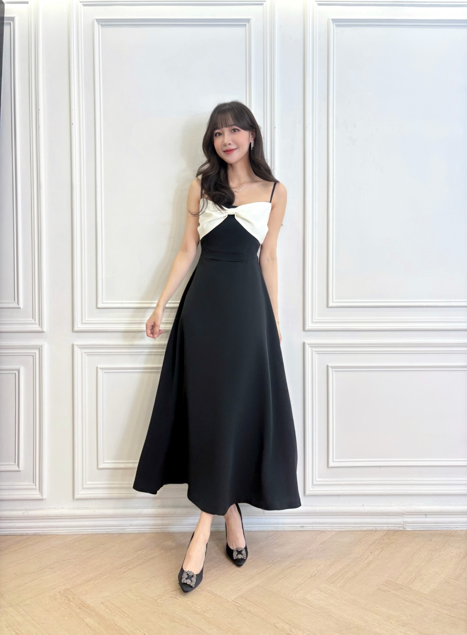 撞色蝴蝶結細肩帶傘洋