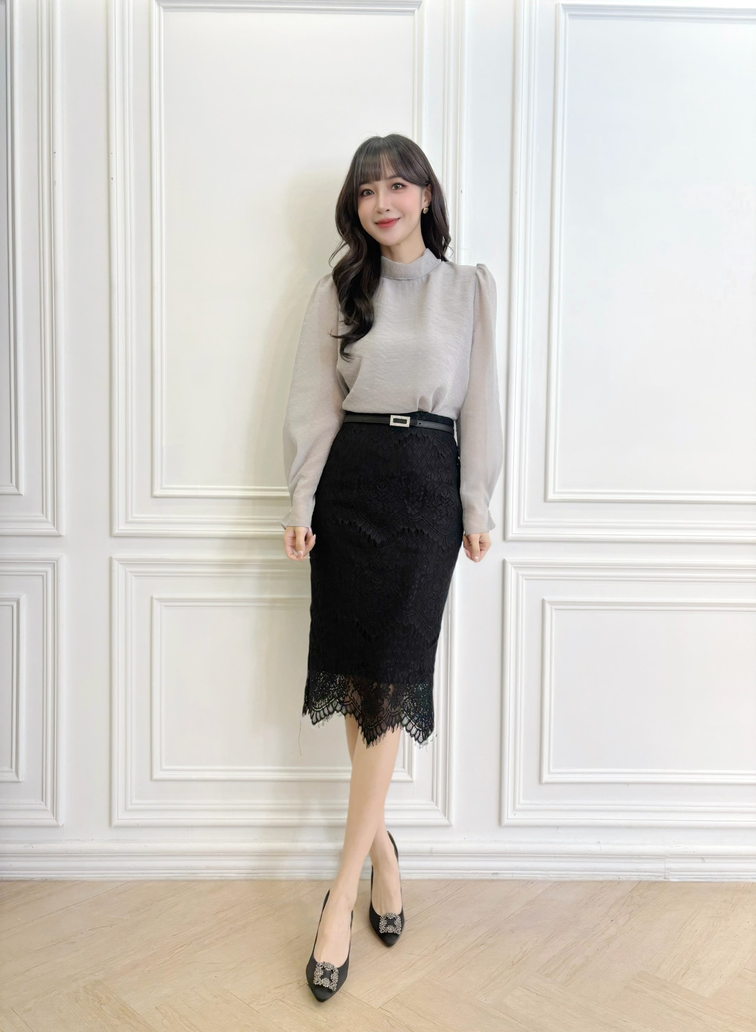 細閃感微透領巾上衣