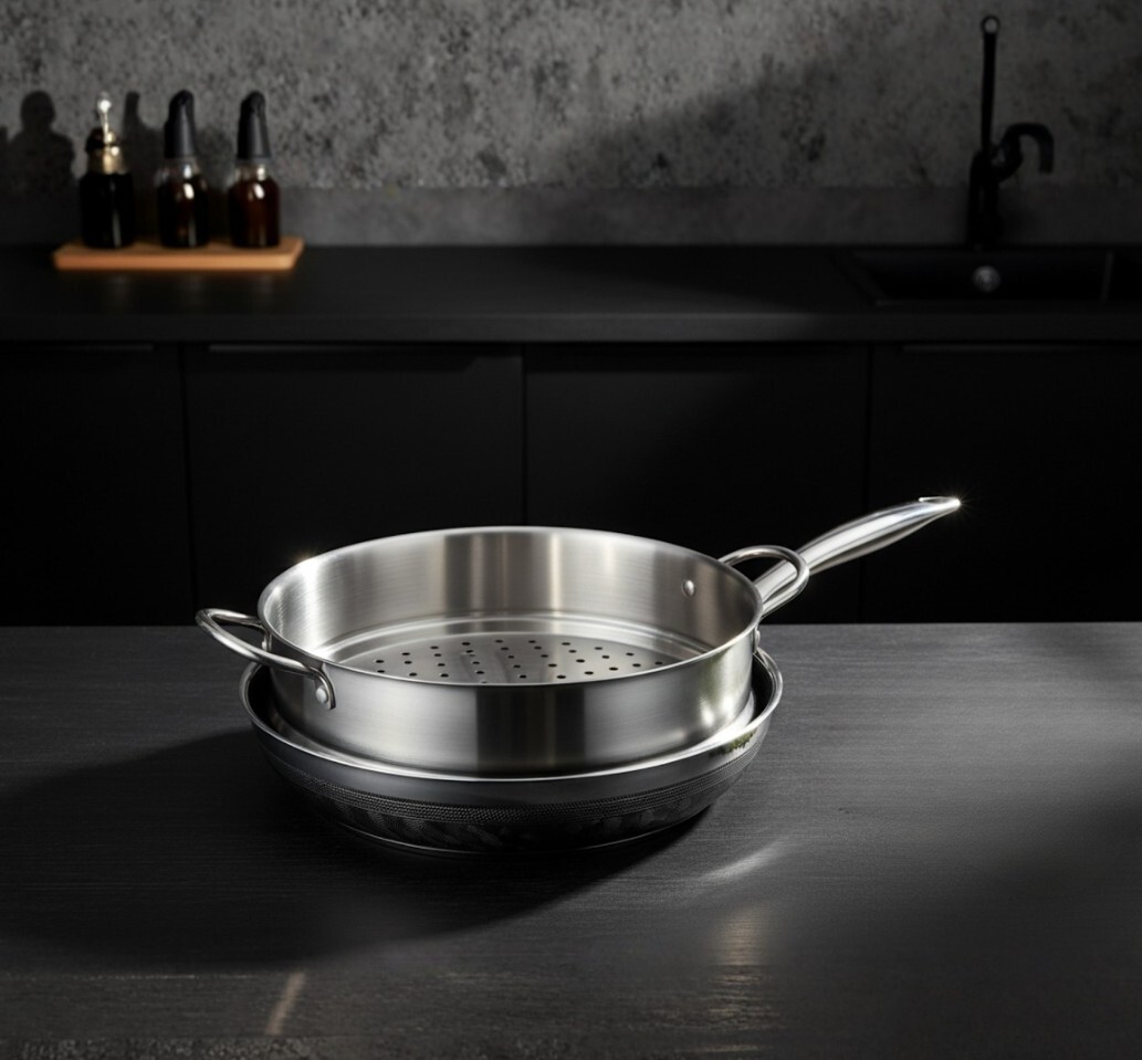 0411WB13-韓國廚具-X9-A廚房鍋具套裝【三件套】 1. 炒鍋 (30CM) #G型蓋 2. 雙耳蒸屜 (30CM) #非不鏽鋼 3. 廚房四件套 (湯勺＋鏟＋剪刀＋竹潔布) (A13)