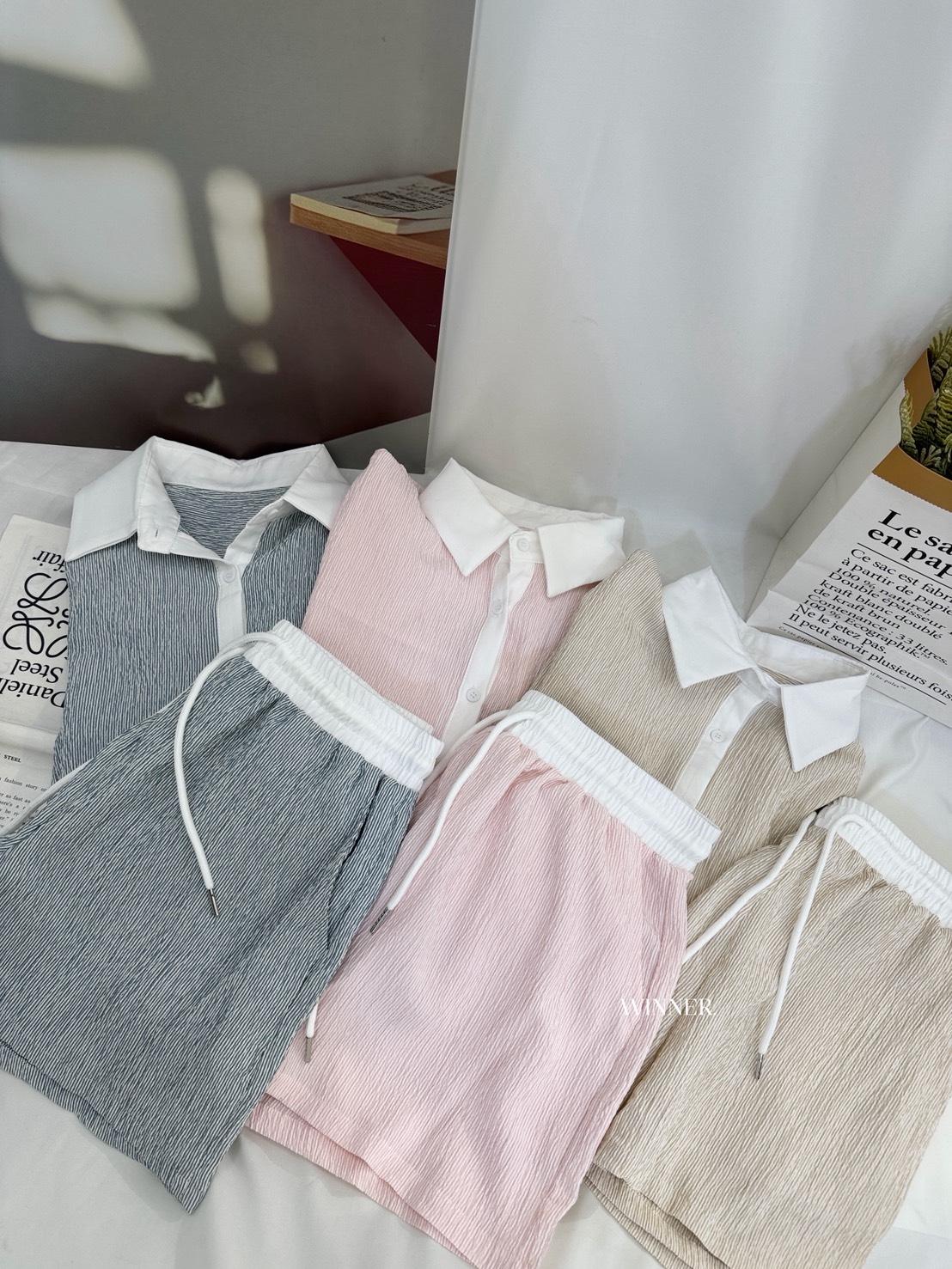 815 韓系壓紋棉麻襯衫褲套裝♥