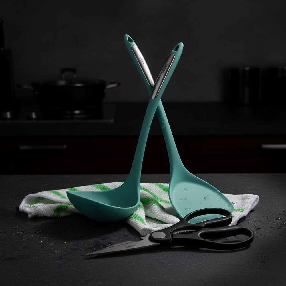 0411WB19-韓國廚具-廚房配件四件套 1. FDA認證級矽膠鏟 2. FDA認證級矽膠湯勺 3. 不鏽鋼多功能剪刀 4. 強力去污廚房竹潔布 (A19)