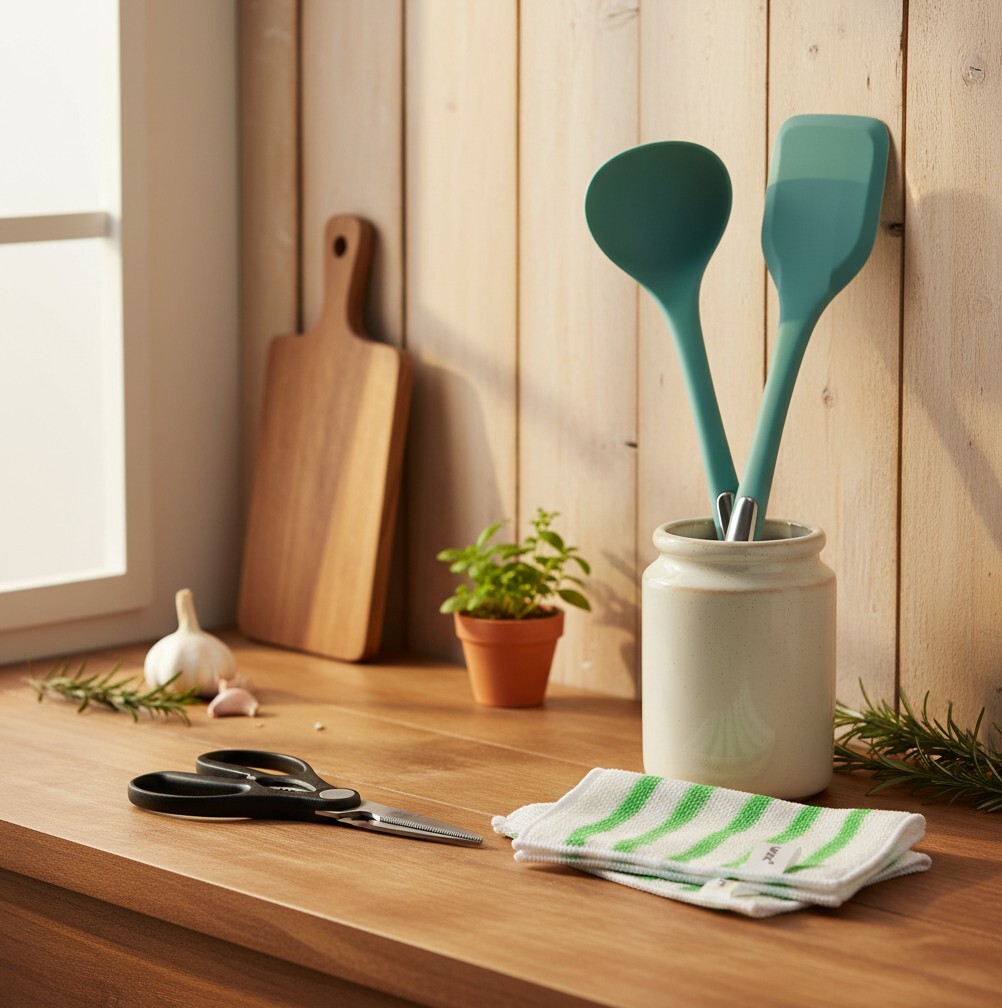 0411WB19-韓國廚具-廚房配件四件套 1. FDA認證級矽膠鏟 2. FDA認證級矽膠湯勺 3. 不鏽鋼多功能剪刀 4. 強力去污廚房竹潔布 (A19)