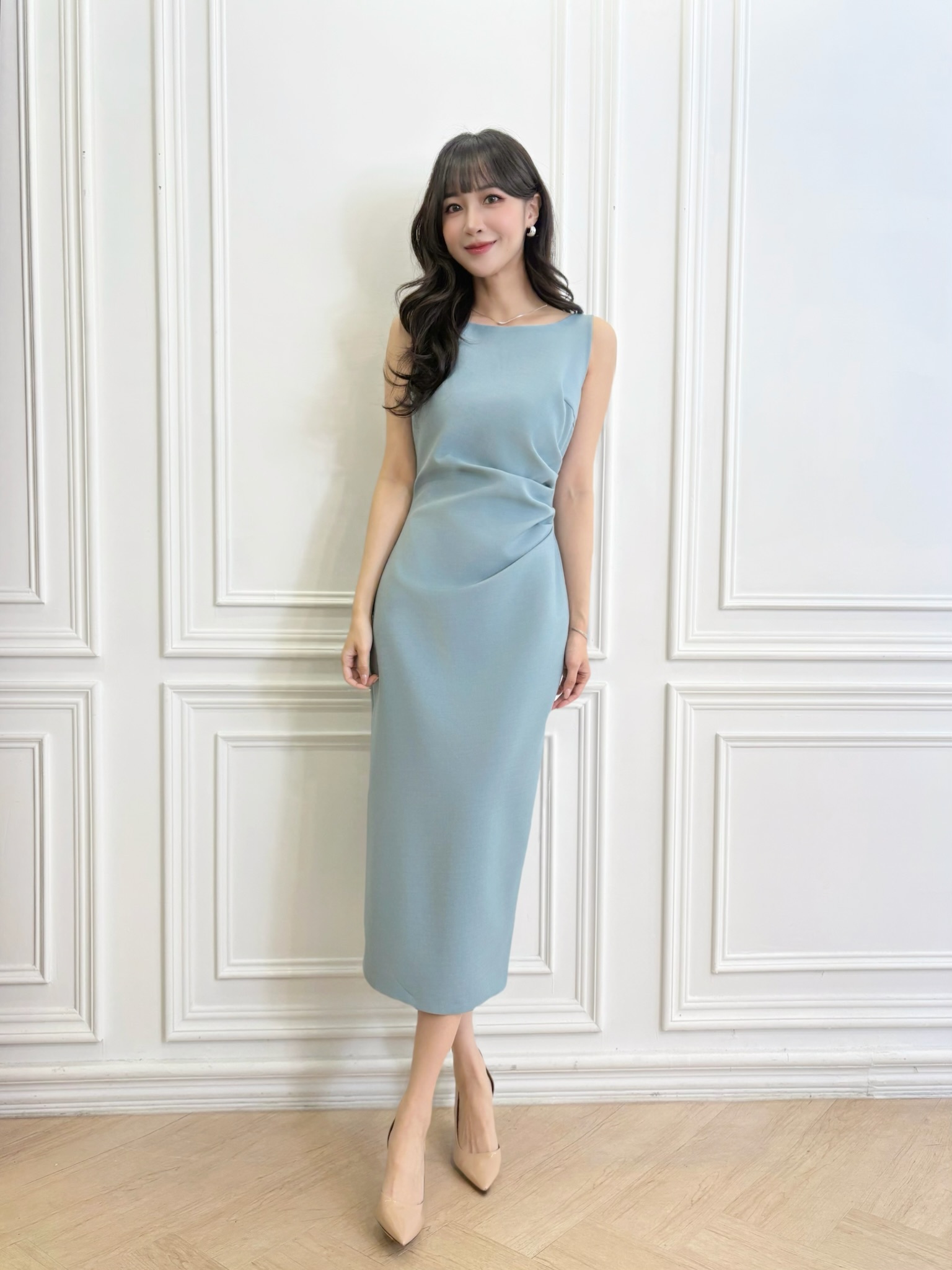 簡約顯腰身抓皺背心洋