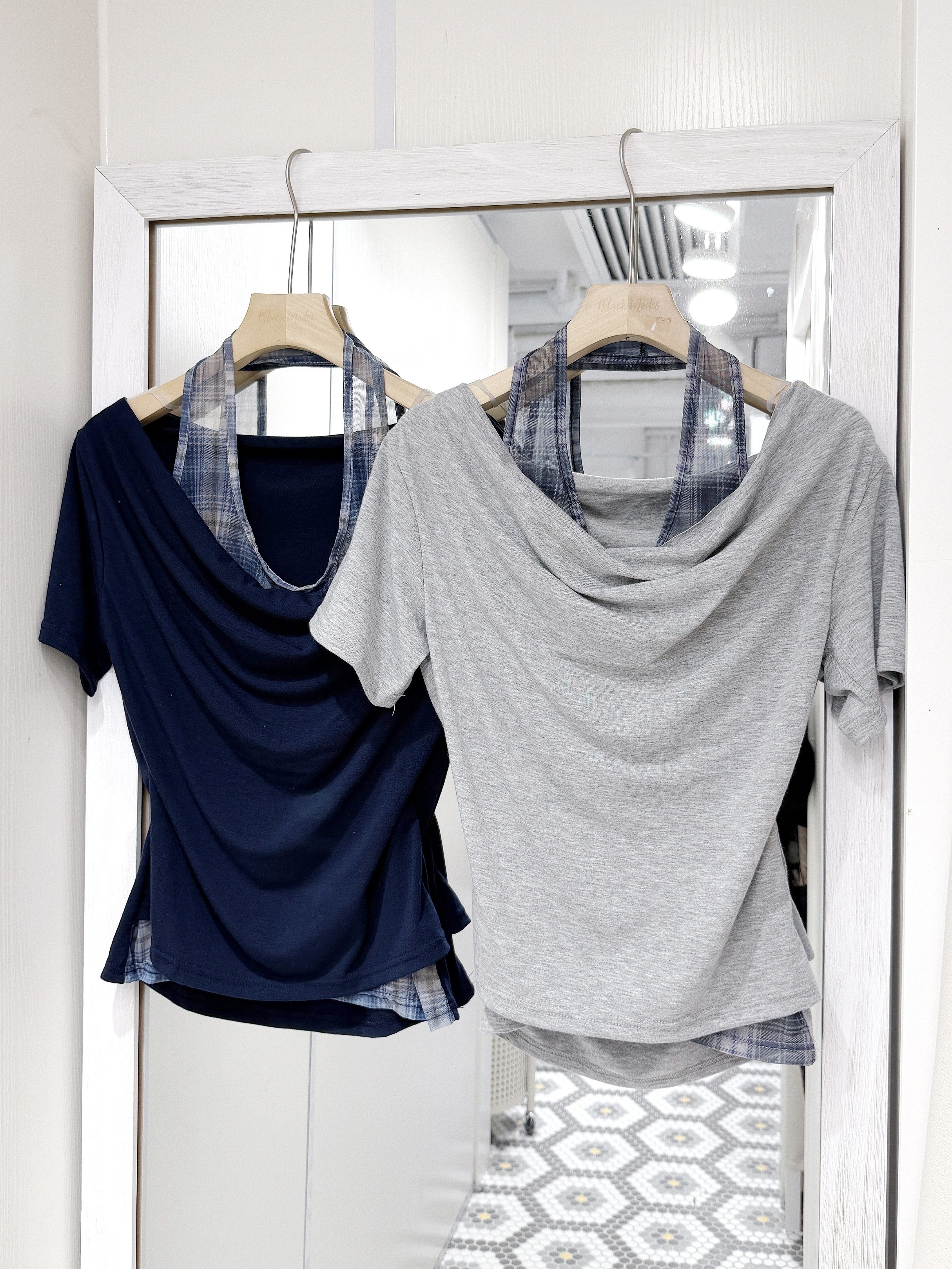 T1351｜韓系格紋掛頸假兩件上衣⋆.˚ ☾⭒.˚