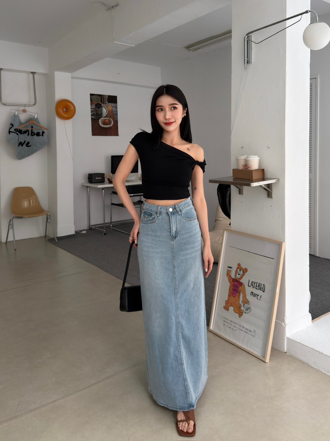 大推!後口袋彈性牛仔長裙