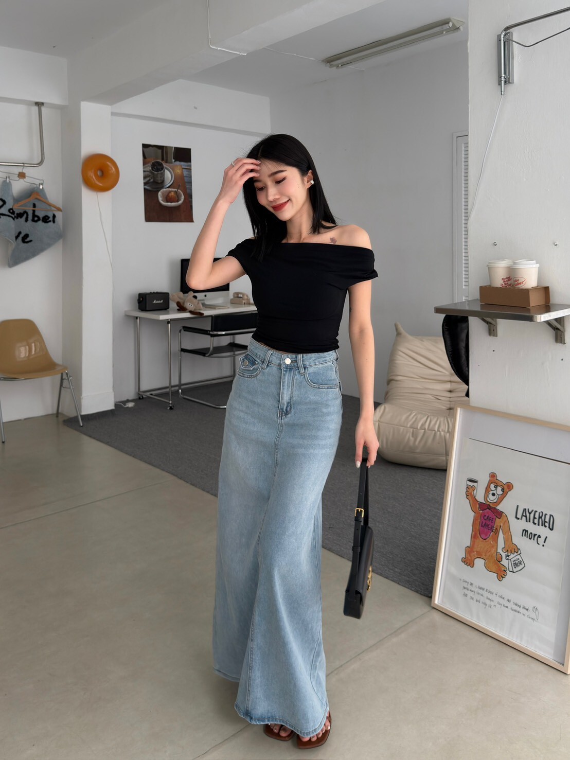 大推!後口袋彈性牛仔長裙