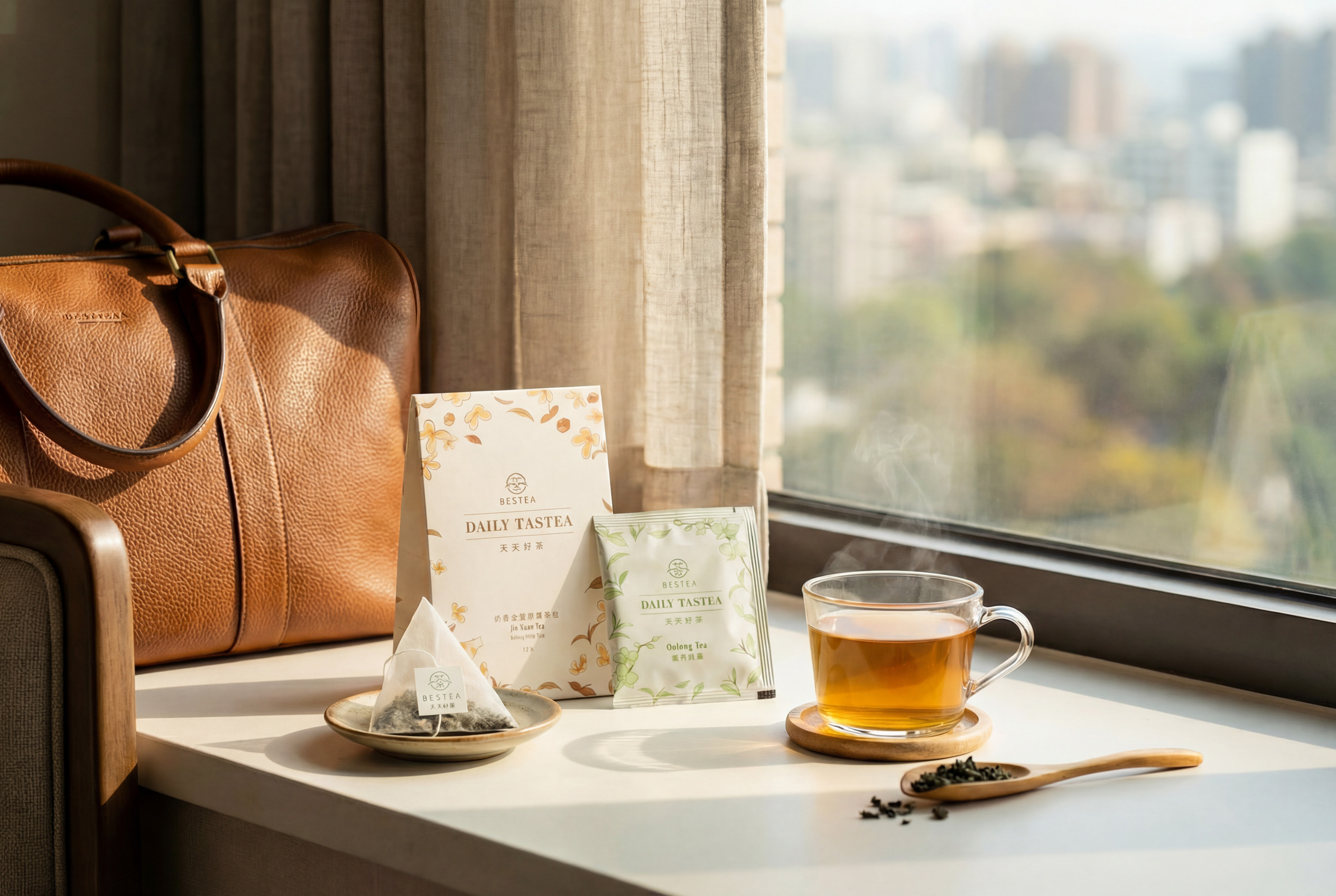 台灣高山茶小包裝放置於旅行行李旁