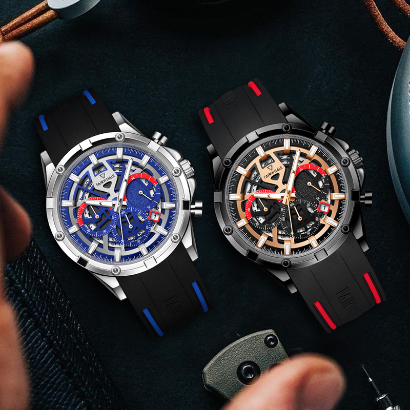 【Mark fairwhale 馬克菲爾】賽車時尚 年輕潮流 三針三眼計時 日期顯示夜光 矽膠 手錶-5440