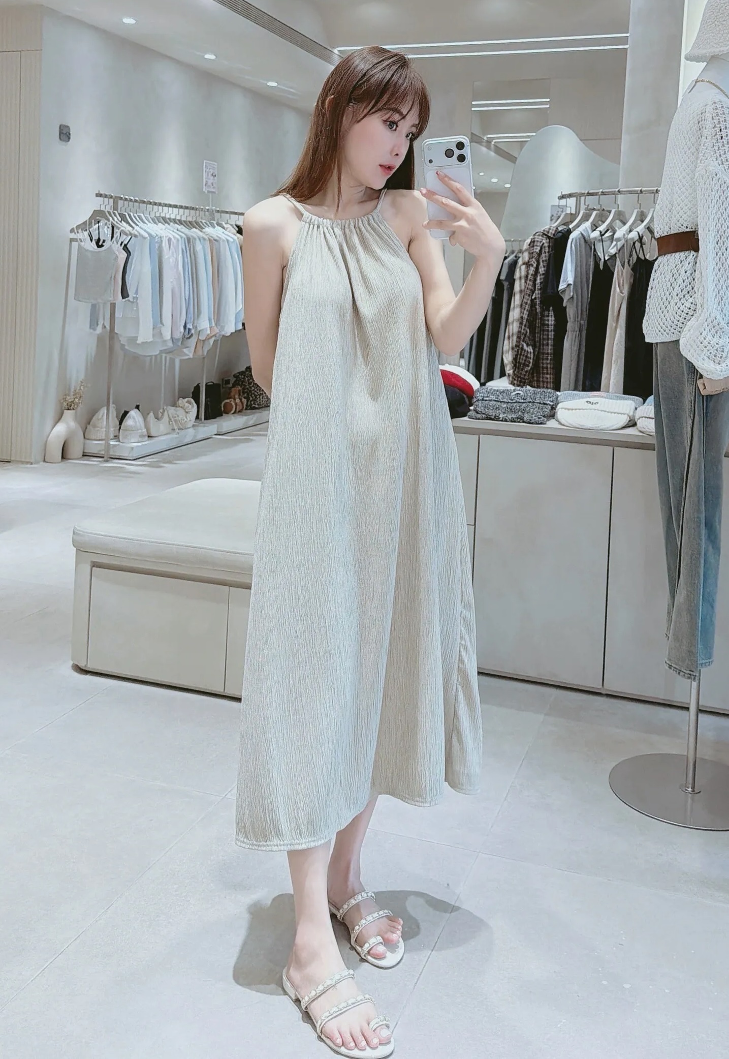 削肩後綁結樹枝紋背心長洋