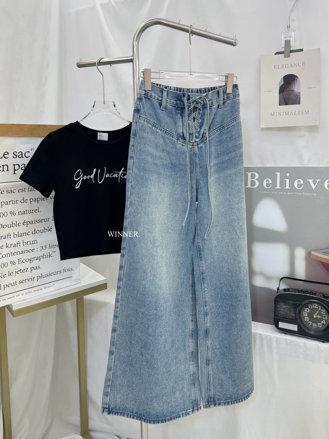 9335   韓系高腰綁帶牛仔寬褲